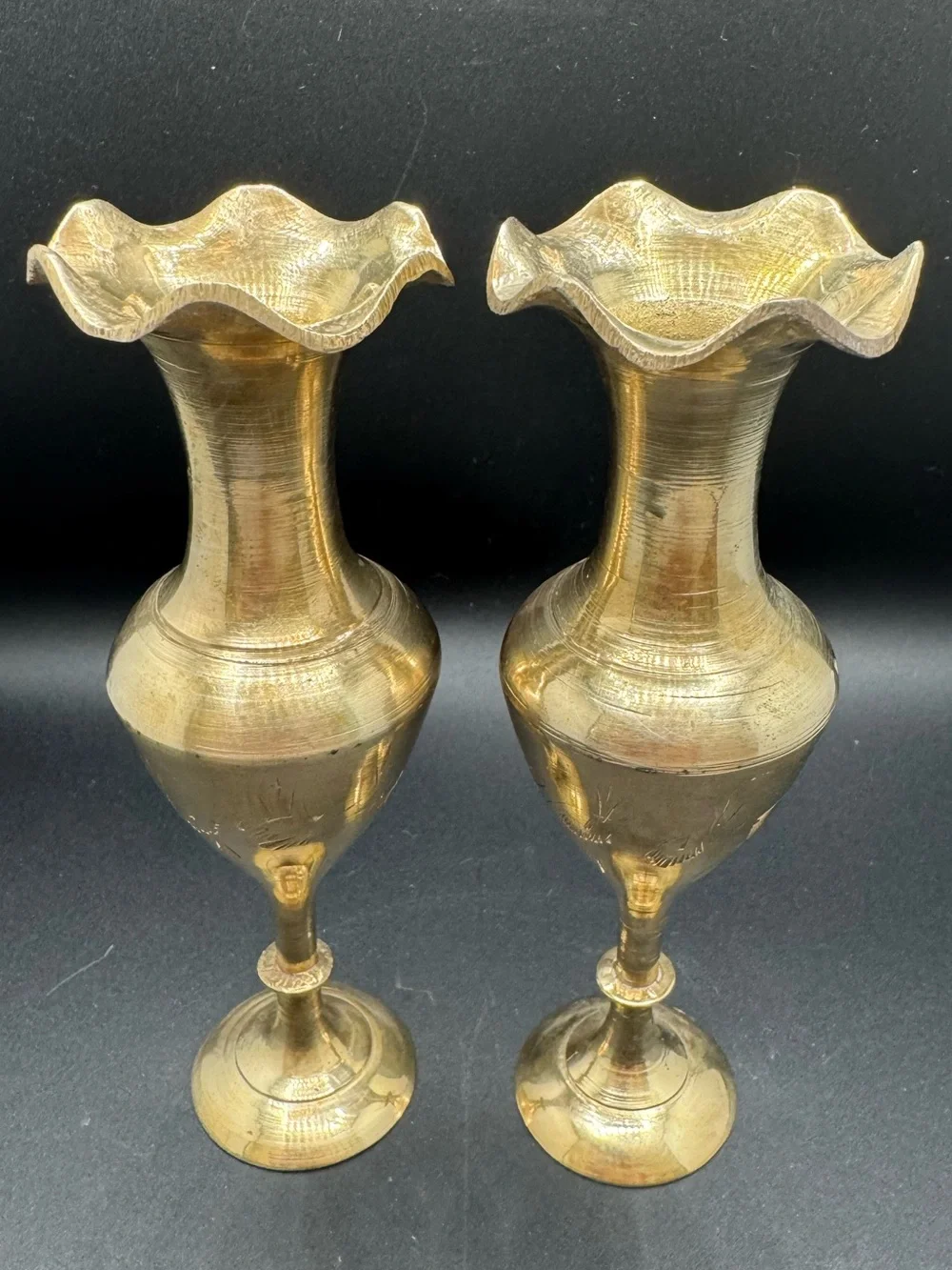 Vintage Solid Brass Etched Vases Pair of 2 Table Decor
